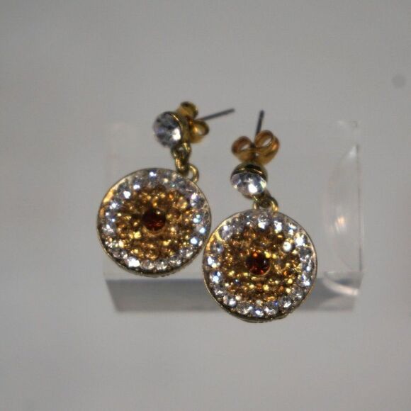 Round Disc Shape Bling Rhinestone Circle Drop Earrings Gold Silver Color - Picture 3 of 5